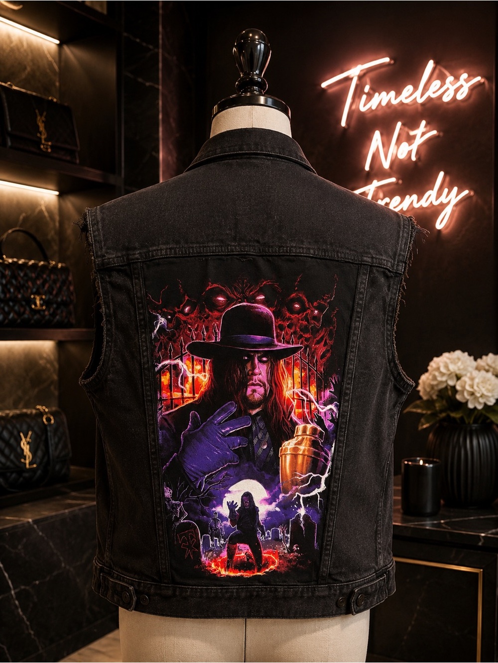 🖤 WWE Undertaker Custom Upcycled Black Denim Old Navy Vest